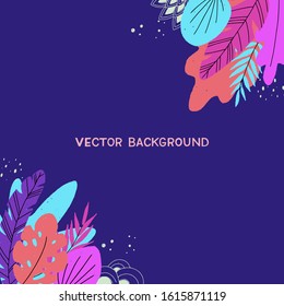 Vibrant purple background with copy space decorated with flat style floral elements. Text layout with multicolour leaf frame. Desing backdrop for landing page, cover, presentation, photobook. Vector