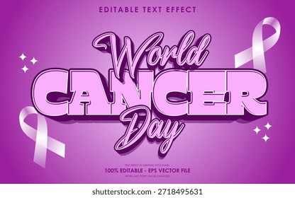 Um fundo roxo vibrante com um efeito de texto editável para o Dia Mundial do Câncer, com fitas elegantes e acentos brilhantes.