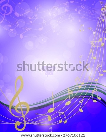 Vibrant purple background with shimmering bokeh lights, golden musical notes, and prominent treble clef. Flowing blue and green waves create dynamic, harmonious design, evoking joy and creative