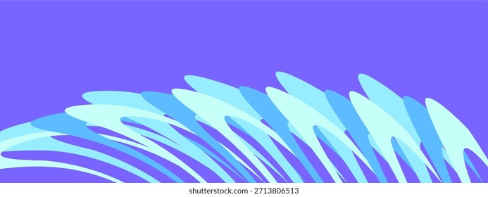 Ein lebendiger violetter Banner mit einer abstrakten, dynamischen Anordnung von geschichteten, türkis und blau gekrümmten Formen, die wie Wellen oder Flammen von unten aufsteigen.