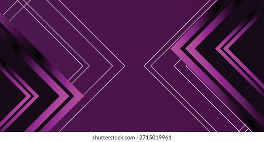Un vibrante fondo abstracto púrpura y negro que muestra patrones geométricos simétricos con ángulos afilados y delgados contornos blancos, creando una sensación de profundidad y movimiento.