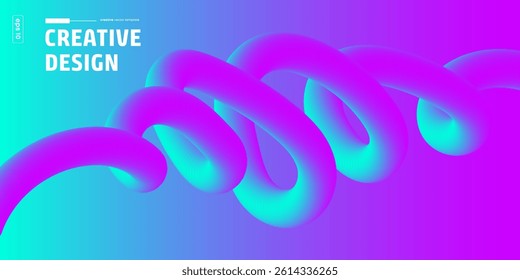 Vibrant purple and blue gradient 3D shapes twist and swirl across a modern background. Creative Design text is subtly present.