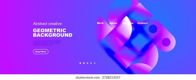 Diseño de gradiente azul púrpura vibrante. Las Formas geométricas se superponen creando una estética moderna. El texto promueve un fondo creativo, incluye un llamado a la acción.
