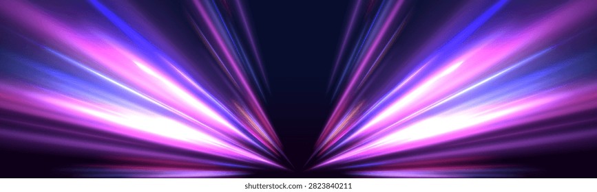 Vibrant purple and blue light beams converging symmetrically on a dark background on transparent background