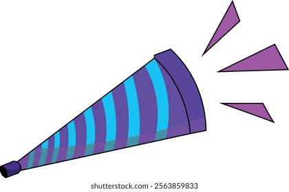 A vibrant purple and blue party horn with a metallic tip, blowing pink confetti. Perfect for celebrations, birthdays, and festive occasions.