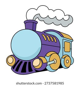 A vibrant purple and blue steam train vector illustration in a fun cartoon style. This colorful toy locomotive features yellow wheels and billowing smoke, making it perfect for invitations, nursery wall art, and educational flashcards. Isolated on a white background.