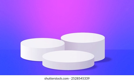 Vibrant purple colour gradient. Realistic white 3 step cylinder pedestal podium.. Vector rendering geometric forms design. Minimal scene. shadow. Stage showcase, Mockup product display.