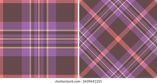 Vibrant purple, coral, and brown plaid patterns.  Perfect for textile design, fashion, or web backgrounds. This seamless duo offers classic and modern options, conveying warmth and style.