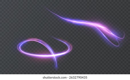 Vibrant purple curved energy swirls with glow and bright shine. Suitable for game VFX, HUD interface, spells, speed effects or digital flows.