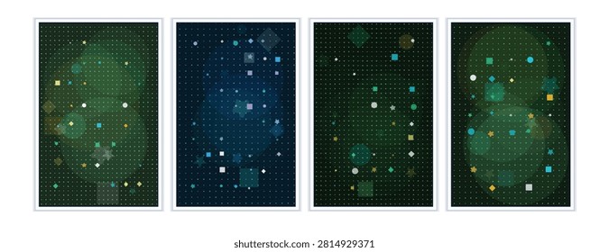 Vibrant purple and dark abstract background with scattered luminous geometric shapes and soft bokeh circles creating a dreamy and enchanting digital art pattern.