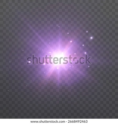 Vibrant purple flash with shimmering rays and sparkling particles on a transparent background. For magical effects, space explosions, fantasy overlays, light flashes and energy glares.
