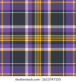 Vibrant purple, gold, and gray plaid pattern.  Perfect for textile design, fashion, or website backgrounds.  This seamless texture offers a bold, modern aesthetic with a classic feel.