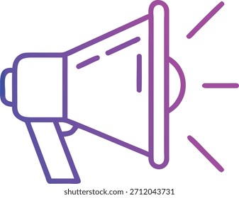 Ícone de contorno de gradiente roxo vibrante de um megafone com ondas sonoras, simbolizando anúncios, marketing, promoções e comunicação pública. Perfeito para web, app e design de impressão.