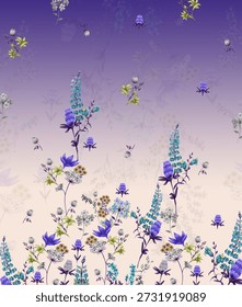 Una vibrante camisa de gradiente púrpura con flores silvestres de acuarela en capas: audaces flores violetas en la parte inferior que se desvanecen en delicadas y aireadas siluetas florales hacia la parte superior.
