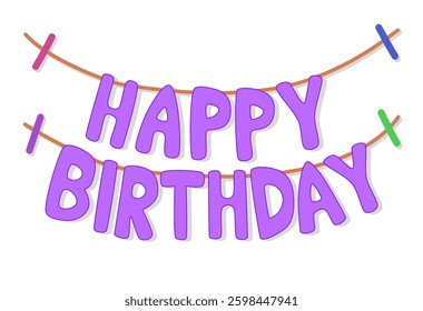 Vibrant Purple Happy Birthday Vector Garland Text with Colorful Clips for Festive Party Decor, Greeting Cards, and Celebration Designs with Playful Style, Vector Design

