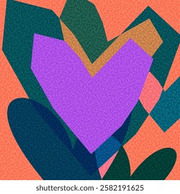 Vibrant purple heart surrounded by layered, colorful shapes on a textured background. Vector illustration for artistic projects.