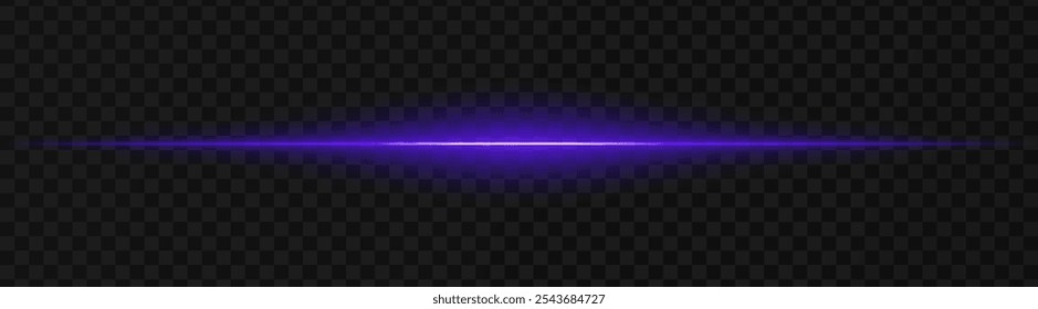 Vibrierender violetter horizontaler Lichtstrahl auf dunklem, transparentem Hintergrund, perfekt für Science-Fiction-, digitale Grafiken oder Neoneffekte. Reflexion, Scheinwerfer, Tapete