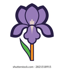 Vibrant purple iris flower with single green leaf and orange stem on plain white