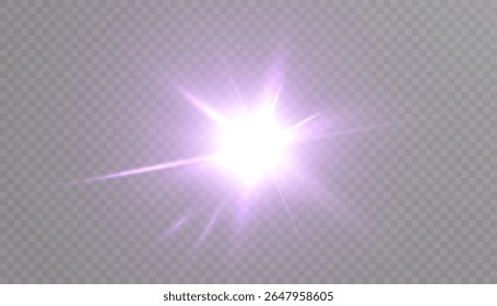 Explosão de luz roxa vibrante com raios e halo. Feixe azul brilhante como um flash com efeito de lente e realces em fundo transparente.