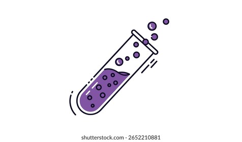 Um líquido roxo vibrante esfola e borbulha dentro de um tubo de ensaio de laboratório de vidro inclinado criando uma demonstração de reação química viva