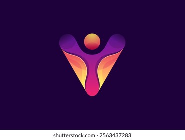 vibrant purple logo featuring the letter V, incorporating a cheerful human symbol to convey positivity and energy