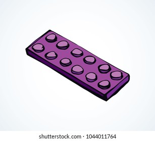 Vibrant purple meccano puzzle kit set on white paper backdrop. Bright violet color ink hand drawn design object logo emblem pictogram in modern art scribble comic style. Close up with space for text