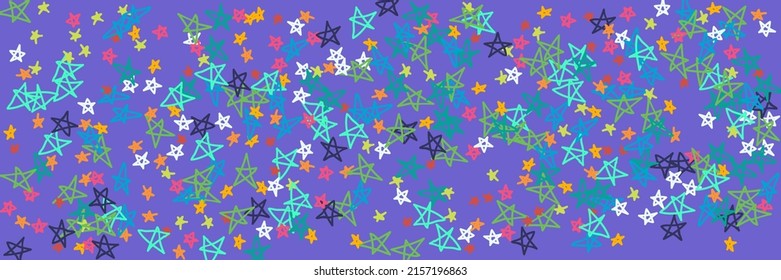 Vibrant Purple Neon Pink Green Vivid Chaotic Handdrawn Stars. Bright Lavender Pinky Kids Pastel Naive Purple Illustration. Orange Mint Stars Yellow Turquoise Violet Naive Childish Background.