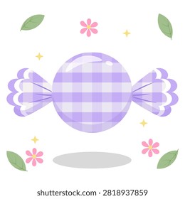 Vibrant purple pastel gingham wrapped candy with a cute flower and leaf gimmick. Ideal for magical sweets and sticker designs. Flat vector isolated on white