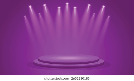 Vibrant purple podium with multiple glowing spotlights ideal for product display, events, promotions, shows and stylish digital design projects.