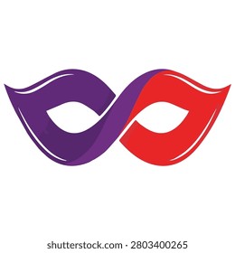 Vibrant purple and red intertwined mask icon on white background, symbolizing duality and contrast.