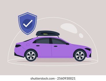 A vibrant purple sedan sits under a protective dome, symbolizing comprehensive insurance coverage, offering safety and security for all road trips and daily commutes