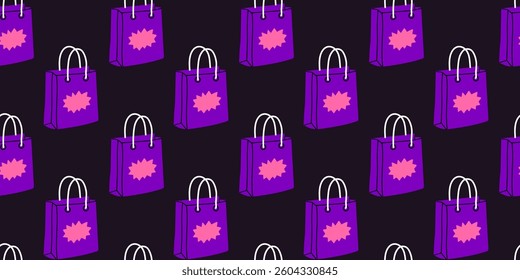 Vibrant purple shopping bags arranged in a playful pattern on a dark background showcasing retail aesthetics