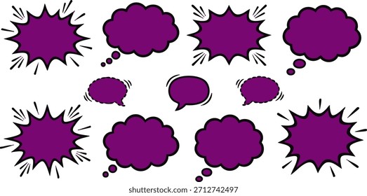 Vibrant purple speech and thought bubble vector set for expressing dialogue, discussions, and creative ideas, ideal for various communication concepts in digital design