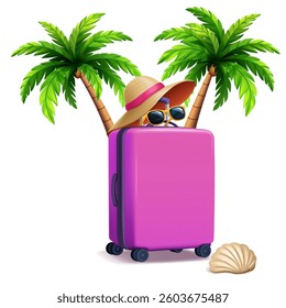 A vibrant purple suitcase adorned with a stylish hat and sunglasses, set against a backdrop of lush palm trees, evoking a tropical vacation vibe.