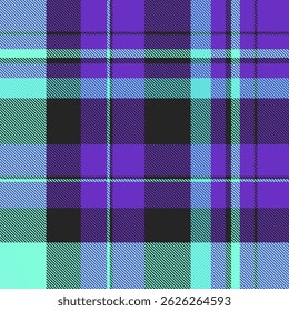 Vibrant purple, teal, and black plaid pattern.  Ideal for textile design, fashion, websites, and packaging.  This bold, geometric textile creates a modern, stylish feel.