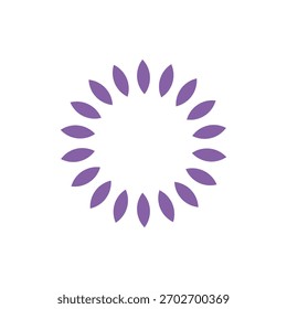 Un ícono de Vector púrpura vibrante de hojas estilizadas o pétalos dispuestos en una corona circular. Representa la naturaleza, el bienestar, la belleza y la energía equilibrada.