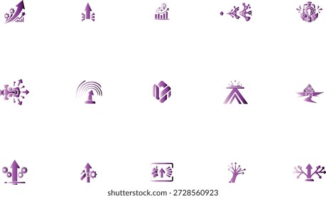 Vibrant purple vector illustration featuring upward arrows and interlocking gears symbolizing business growth, success, and teamwork for commercial use.