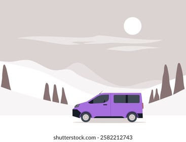 A vibrant purple vehicle glides smoothly through a tranquil winter landscape, surrounded by soft white snow and distant, abstract peaks beneath a pale sunlit sky