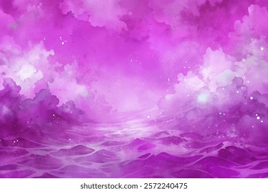 Vibrant purple watercolor, dreamy abstract clouds, serene ocean waves, artistic background, soothing color palette.