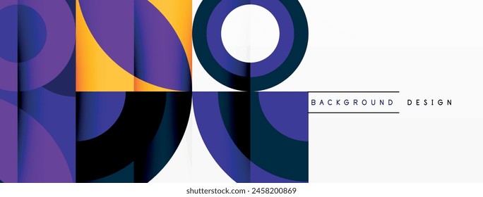 Vibrant purple and yellow geometric background filled with circles and squares, creating a colorful display of tints and shades in shades of violet and magenta, reminiscent of electric blue hues