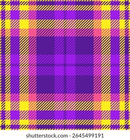 Vibrant purple, yellow, and pink plaid pattern.  Perfect for textile design, fashion, websites, or any project needing a bold, energetic aesthetic.