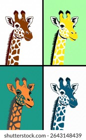 A vibrant quartet of giraffe portraits, each rendered in a distinct and eye-catching pop art style.
