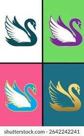 A vibrant quartet of minimalist swan illustrations, each set against a contrasting background.