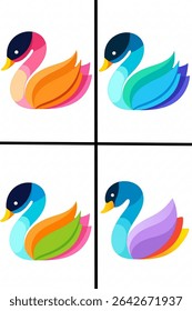 A vibrant quartet of stylized swan illustrations, each rendered in a unique and striking color palette.