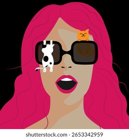 Uma ilustração vetorial plana vibrante e peculiar de uma mulher elegante com cabelo rosa brilhante e óculos de sol grandes, humoristicamente adornados por gatos de desenhos animados divertidos.