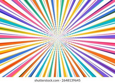 Explosão radial vibrante com vigas multicoloridas e pontos de meio-tom, ideal para temas de quadrinhos, divertimento pop art ou design de fundo dinâmico.