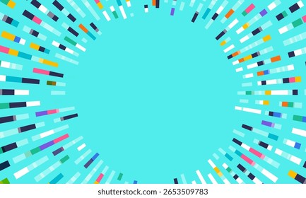Explosão radial vibrante de barras multicoloridas formando uma moldura circular sobre fundo ciano, perfeita para conceitos tecnológicos, digitais, de dados ou futuristas.