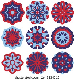 Mandala radial vibrante com precisão geométrica. Cores arrojadas e brilhantes para decoração. Design atraente. Fogos de artifício da moda. Fogos de artifício abstratos. Vermelho, marinha, azul. Vetor de cor plana, EPS 10.