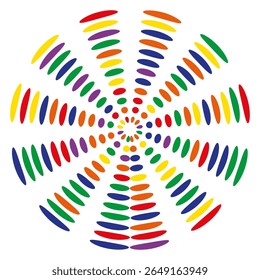 Vibrant radial pattern. Colorful spiral design. Abstract sunburst effect. Vector striped element.