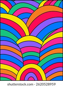 Vibrant Rainbow Abstract Arches Pattern Background. Colorful abstract pattern with rainbow arches and bold black outlines. Energetic, playful, and perfect for fun, kids, or pop art projects.
